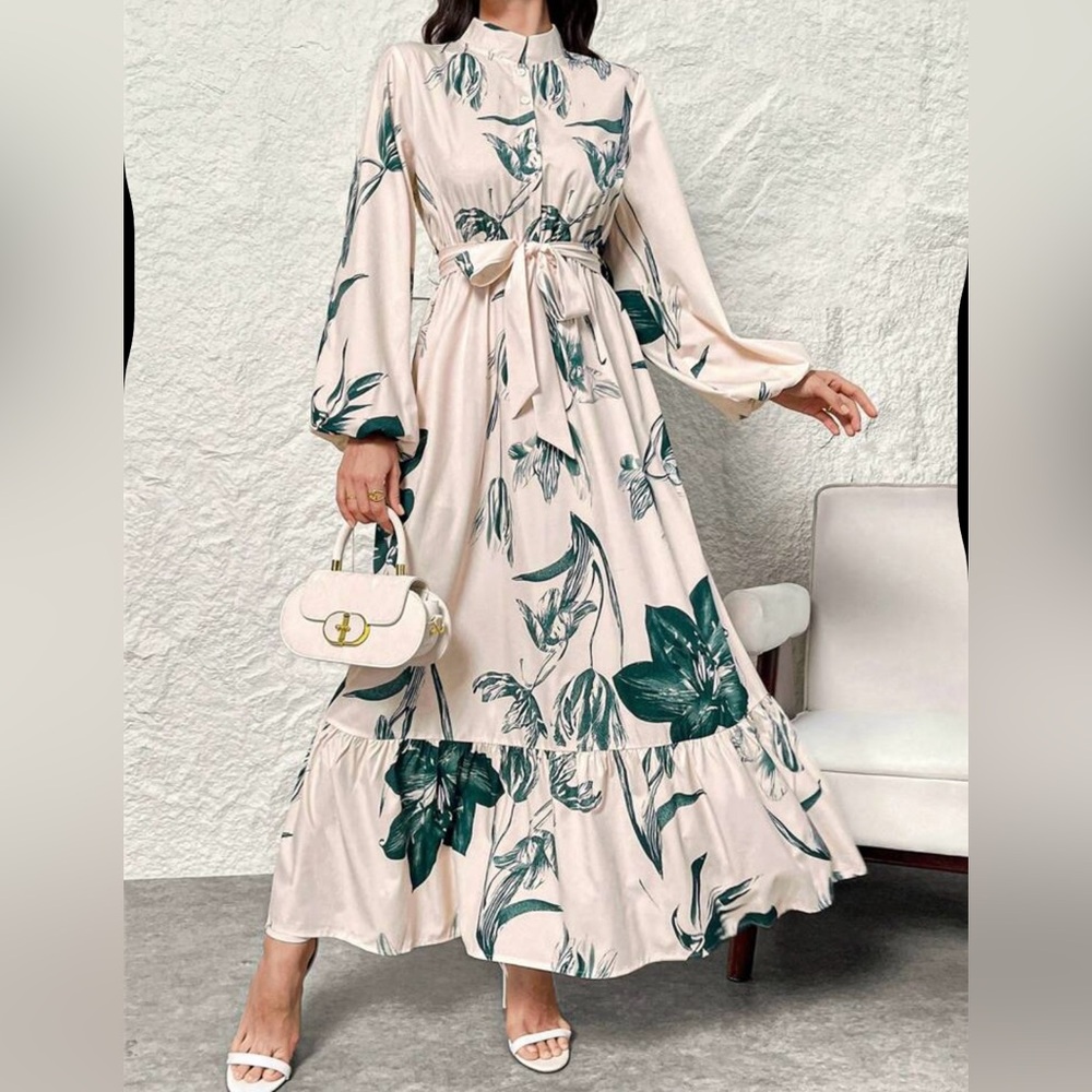 Cream and Green Floral Long Sleeve Dress